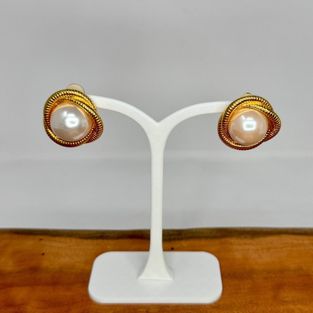 Vintage Anne Klein Gold Tone Textured Rope Faux Pearl Clip On Statement Earrings
